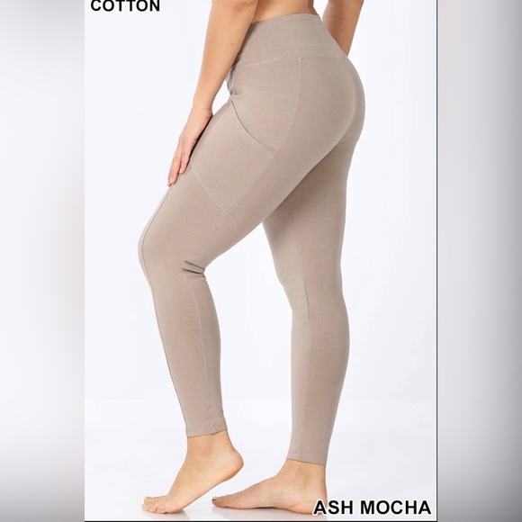 2X-Large W/Pockets Ash Mocha Plus Size Premium Cotton Waistband Leggings - Picture 2 of 6